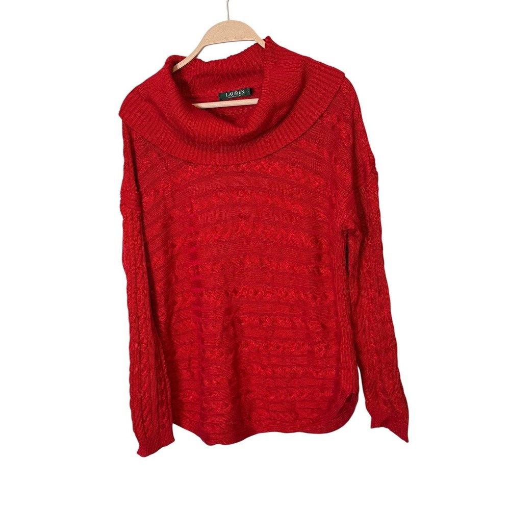 Lauren Ralph Lauren Womens L‎ Red Cable Knit Cowl Neck Long Sleeve Pullover